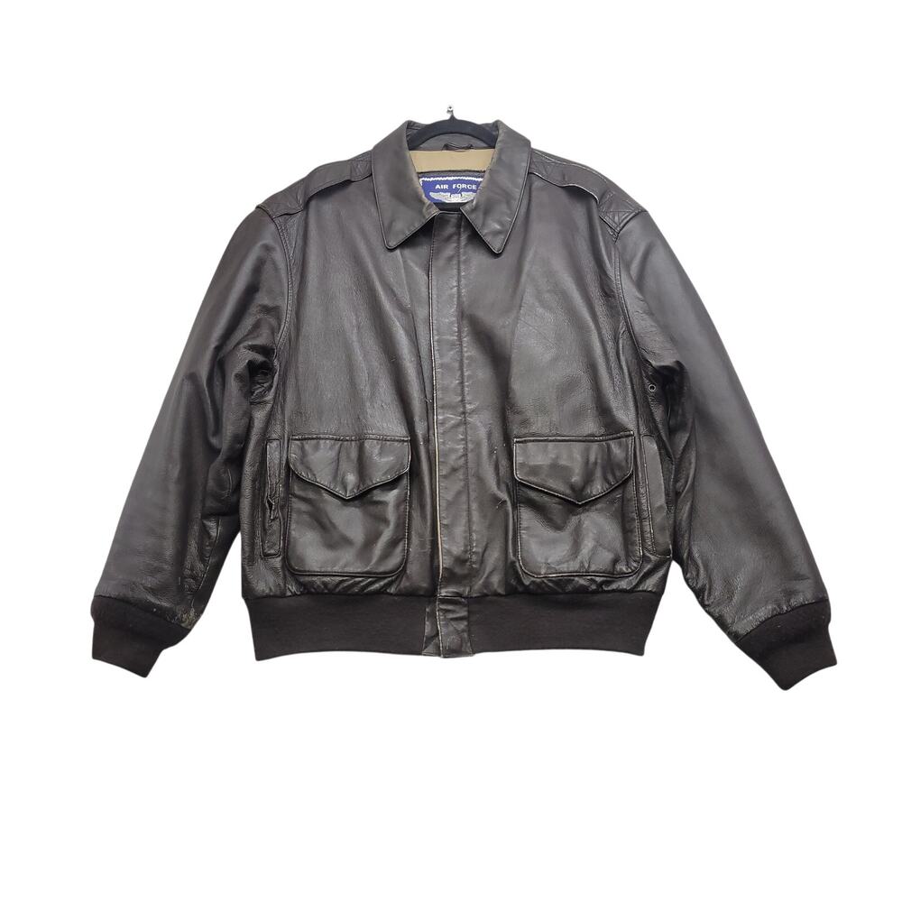 Air Force Leather Flight Bomber Jacket Mens L Brown Pilot Aviator USA Flag Vtg
